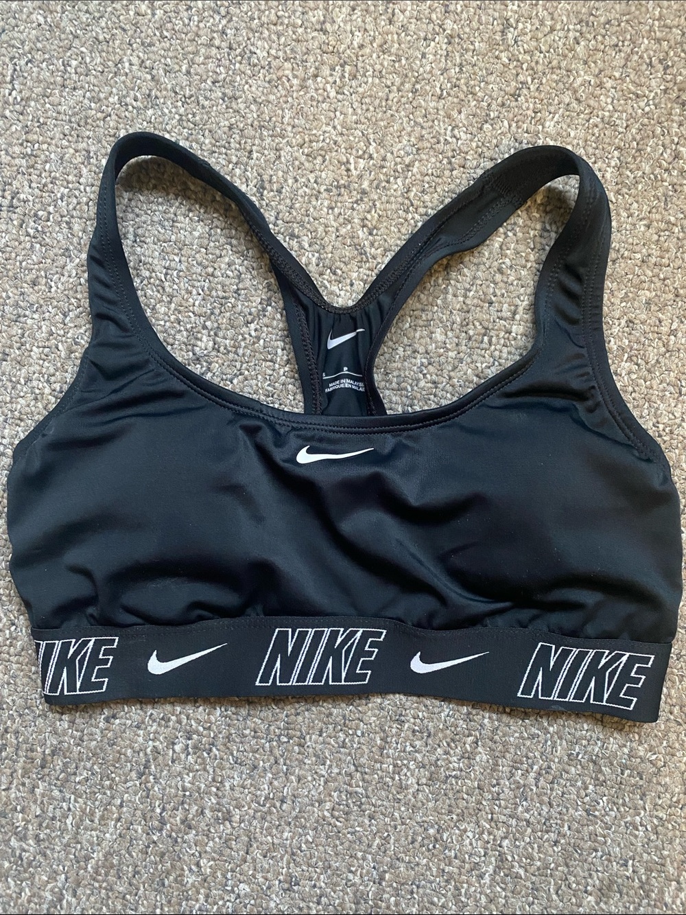 Nike Black Elastic-Band Racerback Sports Bra with White Logos